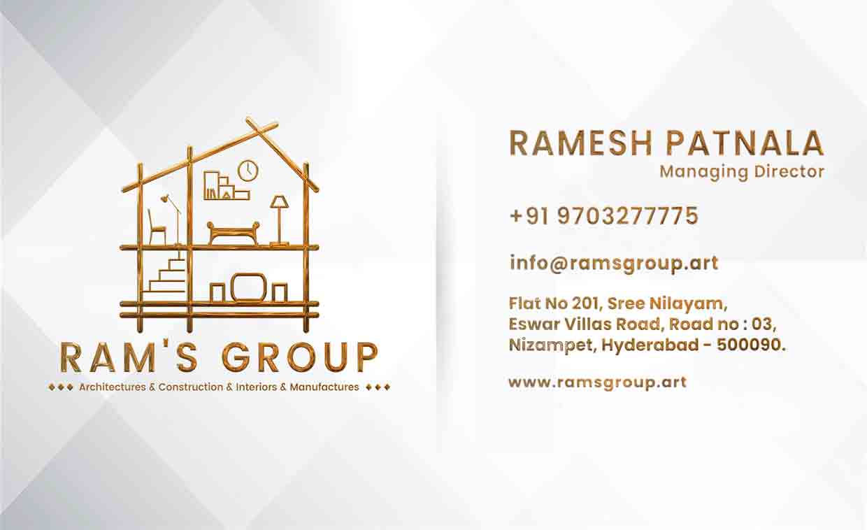 rams group interior design bussiness card in white and gold theme