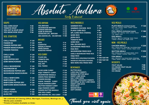 a southindian restaurant absolute andhra menu card veg and non veg